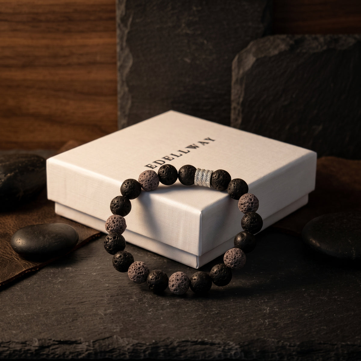 Bracelet Homme en Pierre de Lave Grise et Noire