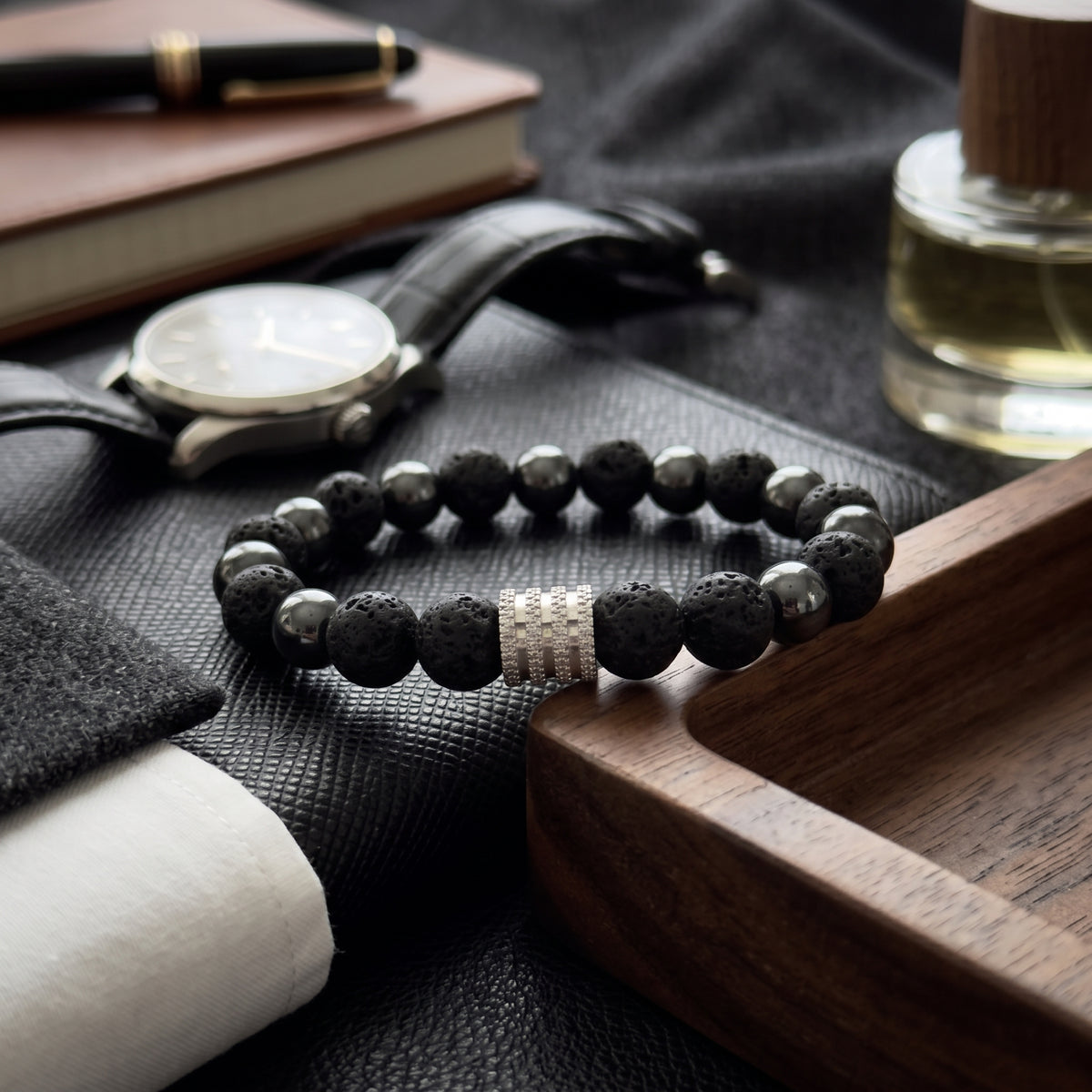 Bracelet Homme en Pierres de Lave & Hématite