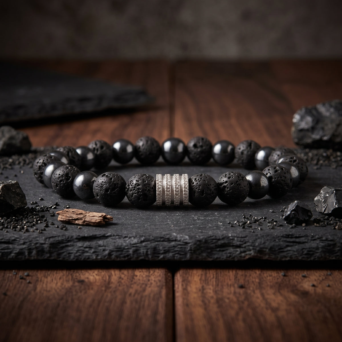 Bracelet Homme en Pierres de Lave & Hématite