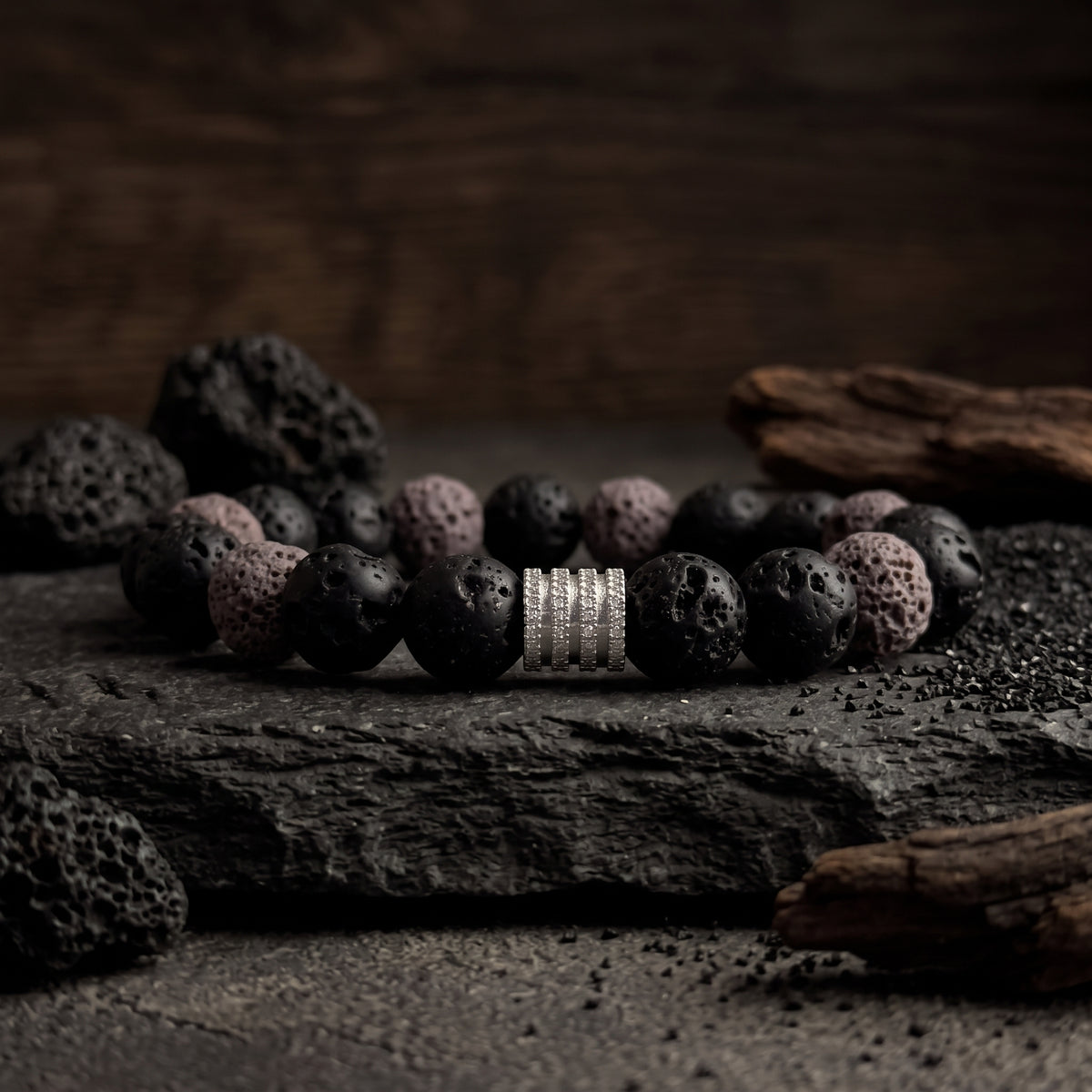 Bracelet Homme en Pierre de Lave Grise et Noire