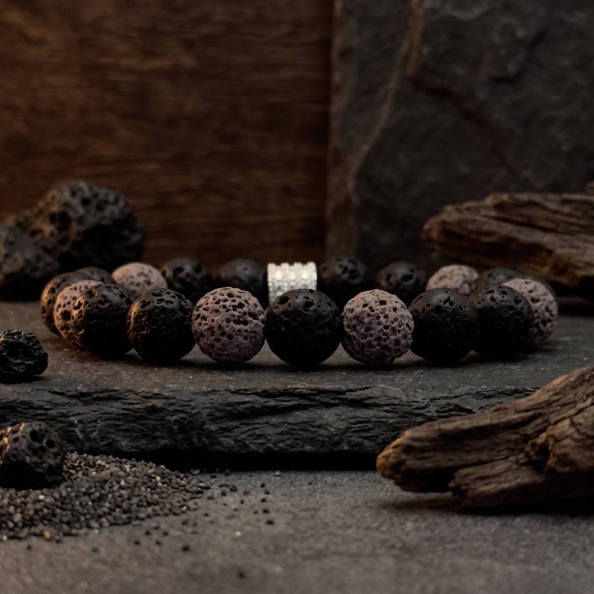 Bracelet Homme en Pierre de Lave Grise et Noire