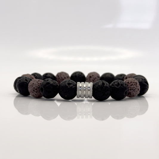 Bracelet Homme en Pierre de Lave Grise et Noire