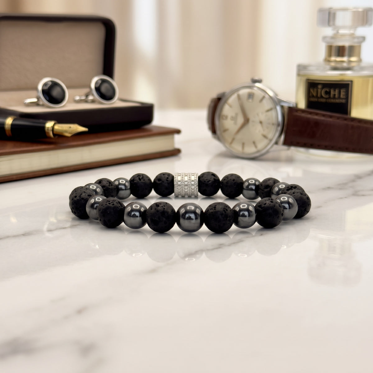Bracelet Homme en Pierres de Lave & Hématite